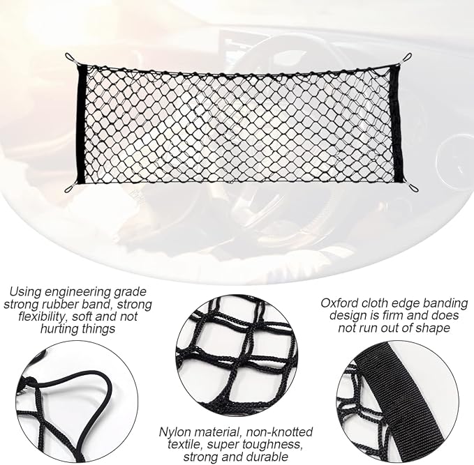 Car Rear Cargo Net, Adjustable Elastic Storage Organizer Net, Trunk Cargo Storage Net, Universal Fit for Car, Vehicle, SUV (35.4" x 11.8")