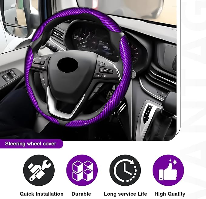 3pcs Universal Carbon Fiber Steering Wheel Cover - Anti-Slip & Segmented Design, Universal 99% Durable Steering Wheel Protector for Men and Women, Car Interior Accessory (Purple)