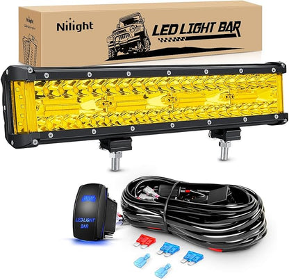 Nilight Side Shooter Light Bar 12Inch Triple Row Spot Flood Combo Yellow Beam Work Lights with 5Pin Rocker Switch Wiring Harness Kit for Off-Road Lighting on Truck SUV ATV UTV