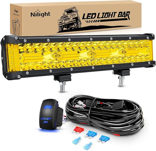 Nilight Side Shooter Light Bar 12Inch Triple Row Spot Flood Combo Yellow Beam Work Lights with 5Pin Rocker Switch Wiring Harness Kit for Off-Road Lighting on Truck SUV ATV UTV
