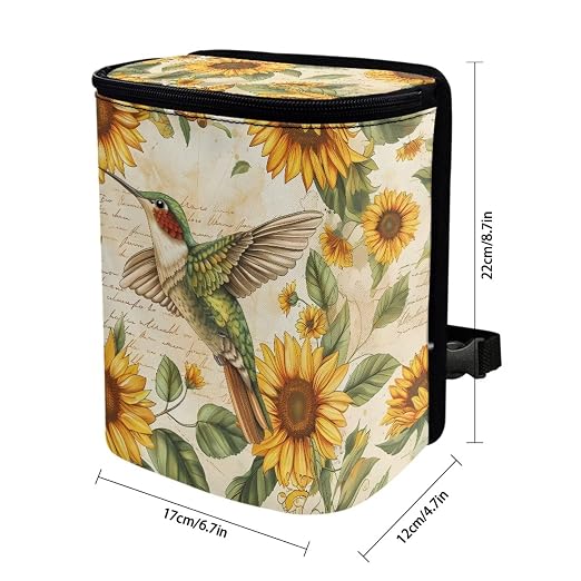 BIGCARJOB Hummingbird Sunflower Car Trash Bin Hanging Accessories Storage Bag for Women Girly Cute With Lid Collapsible Reusable