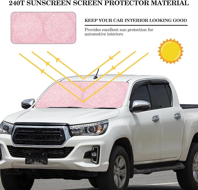 Windshield Sun Shade Foldable Car Front Window Covers for Car Accessories Sun Heat UV Rays Visor Protector Protection for Universal Cars SUV Truck(Pink Sequins)
