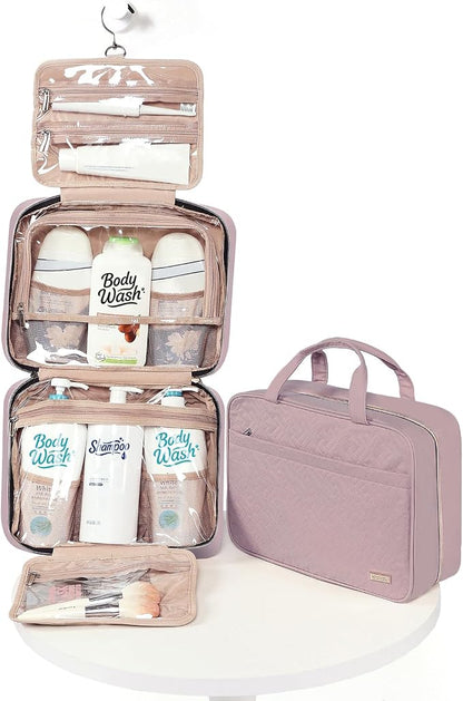 NISHEL Travel Toiletry Bag for women, Portable Hanging Organizer for Family-Sized Shampoo, Conditioner, Brushes Set, Makeup Accessories, Extra Large Size, Peach Pink