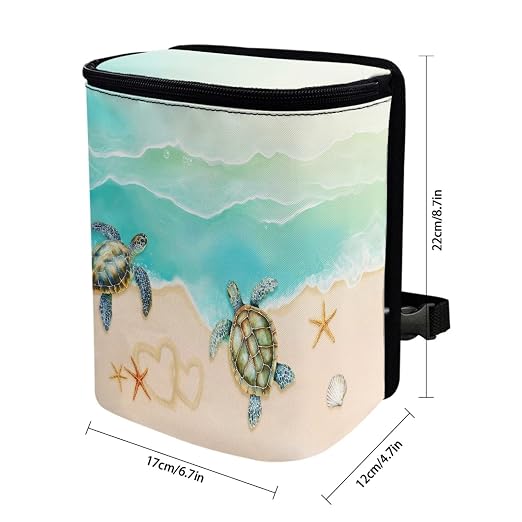 Talayituse Turtle Starfish Seashell Heart Beach Print Car Trash Bin, Large Size Auto Trash Can Adjustable Portable Garbage Can with Lid, Vehicle Hanging Bag for Headrest Front Back Seat