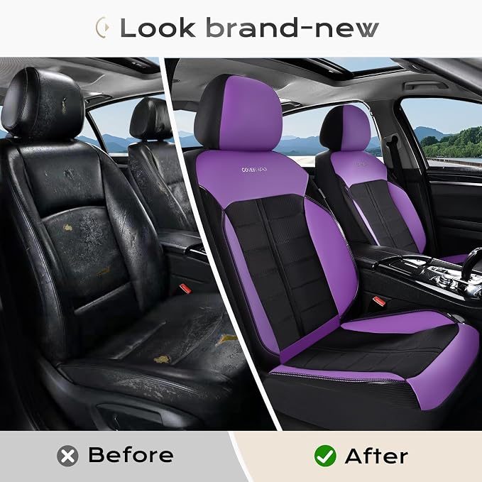 Coverado Air Mesh Seat Cover, Car Seat Cover Full Set, 3D Breathable Seat Protectors Sports Carbon Fiber Design Airbag Compatible Comfort Universal for Most Cars, Van,Trucks, SUV, Black&Purple