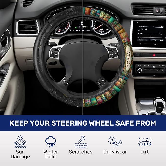 GENANY Reading Books Steering Wheel Cover, Non Slip Polyester Car Wheel Protector for Car SUV Truck, Universal 15 Inch