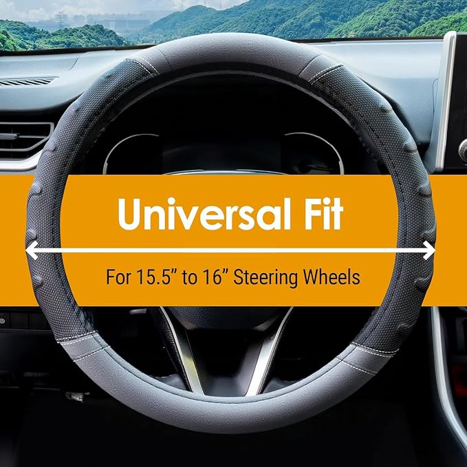 Grey Truck Steering Wheel Cover with Breathable Grip, Premium Faux Leather, Universal fit for Full Size Trucks and SUVs with Steering Wheel Size 15.5" to 16"