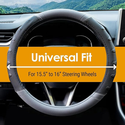 Grey Truck Steering Wheel Cover with Breathable Grip, Premium Faux Leather, Universal fit for Full Size Trucks and SUVs with Steering Wheel Size 15.5" to 16"