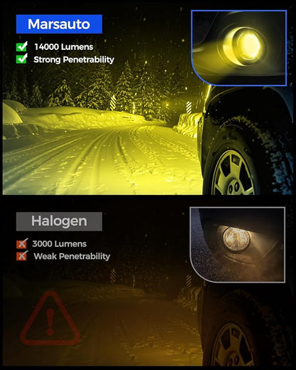 Marsauto H10 9145 LED Fog Light Bulbs Yellow, 14,000LM 3000K Amber H10 9140 9145 LED Bulb Yellow Fog Lights, Non-Polarity 70000 HRS Lifespan for Fog Lights and DRL, Pack of 2