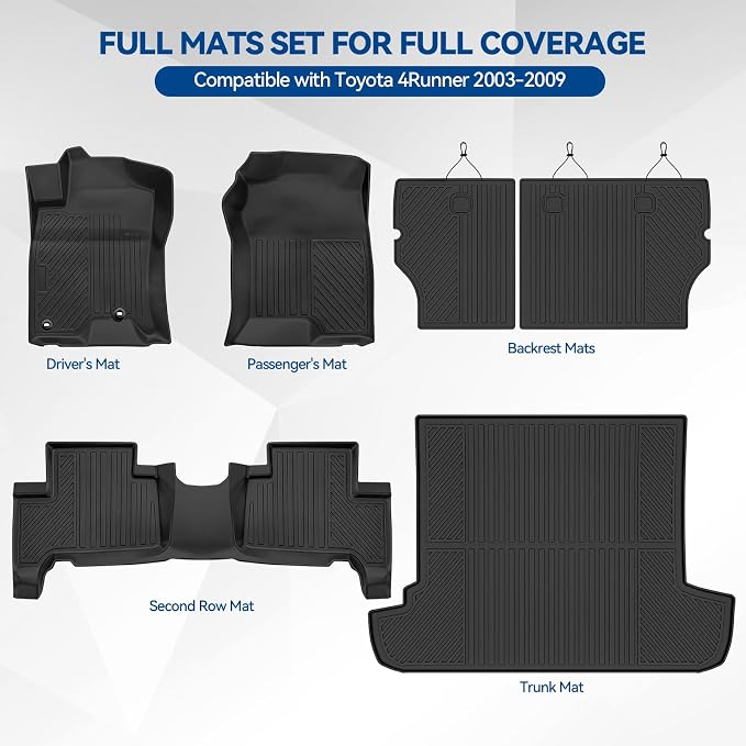 Custom Fit Floor Mats for Toyota 4Runner 2003-2009, All Weather TPE Floor Liners with Trunk Mat & Backrest Protectors, Odorless Full Set Interior Accessories