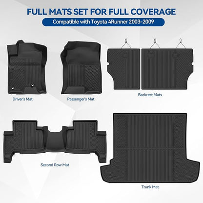 Custom Fit Floor Mats for Toyota 4Runner 2003-2009, All Weather TPE Floor Liners with Trunk Mat & Backrest Protectors, Odorless Full Set Interior Accessories
