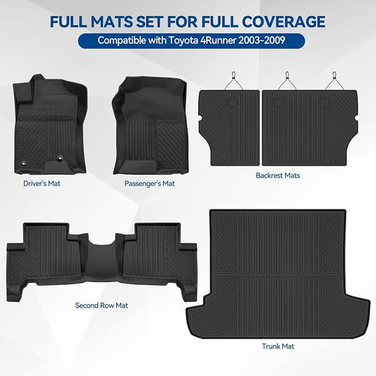 Custom Fit Floor Mats for Toyota 4Runner 2003-2009, All Weather TPE Floor Liners with Trunk Mat & Backrest Protectors, Odorless Full Set Interior Accessories