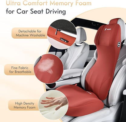 FLORICH Memory Foam Car Seat Cushion and Integrated Neck Pillow Lumbar Support Ergonomic Seat Cushion Breathable Back Support Headrest for Truck Driver Long Driving Sciatica Tailbone Pain Relief, Red
