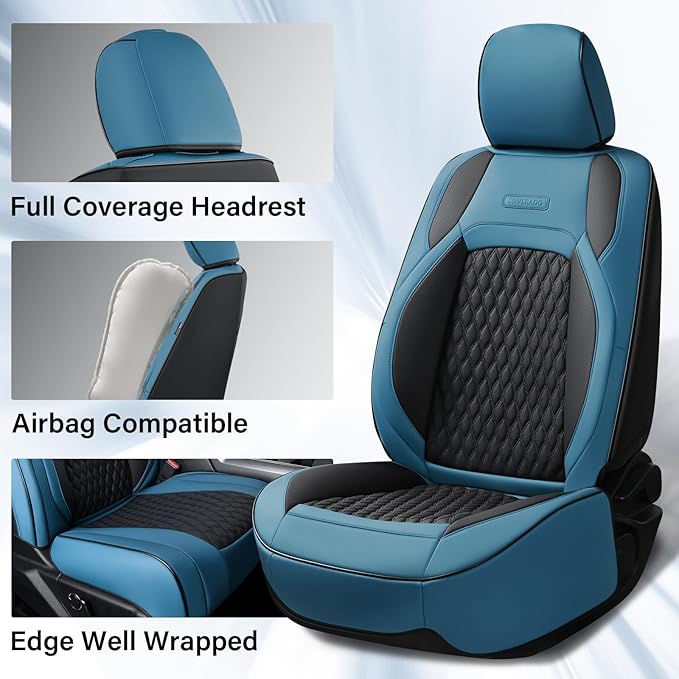 Coverado RAM Seat Covers, Faux Leather Car Seat Covers Full Set Compatible with 2009-2018 Dodge Ram 1500, 2010-2024 2500 3500 Dodge RAM Trucks Seat Covers Ram Accessories (Blue)
