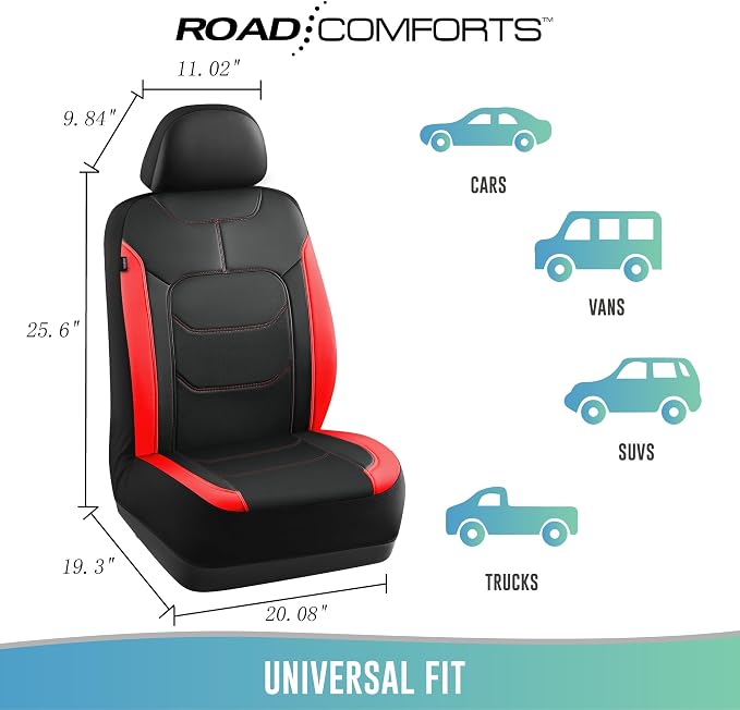 Road Comforts Seat Covers, Premium Leather Car Seat Covers Front Seats,Airbag Compatible, Automotive Seat Covers Universal Fit Most Cars,Vans,Truck,SUV Red