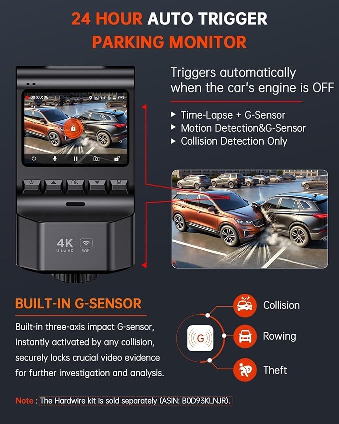 Dash Cam Front and Rear, 4K Ultra HD+1080P Dash Camera for Cars, Built-in Wi-Fi GPS, Included 32GB Card, 2.0'' IPS Screen Mini Car Camera, App, Night Vision, 170°Wide Angle, 24H Parking Mode