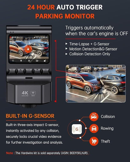 Dash Cam Front and Rear, 4K Ultra HD+1080P Dash Camera for Cars, Built-in Wi-Fi GPS, Included 32GB Card, 2.0'' IPS Screen Mini Car Camera, App, Night Vision, 170°Wide Angle, 24H Parking Mode