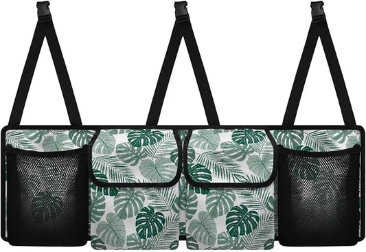 Tropical Leaves Car Backseat Organizer Adjustable & Waterproof Cars Interior Accessories Backseat Hanging Storage Bag with 4 Pockets Universal Fit for Most Cars,SUV,Sedan