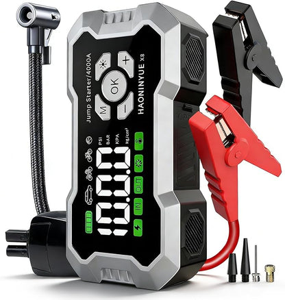 4000A Car Battery Jumper Starter, Battery Jumper Starter Portable (8.0LGas/6L Diesel), 16000mAh Charging Jump Box, Portable Car Jump Starter with Jumper Cables and 600LM LED Light