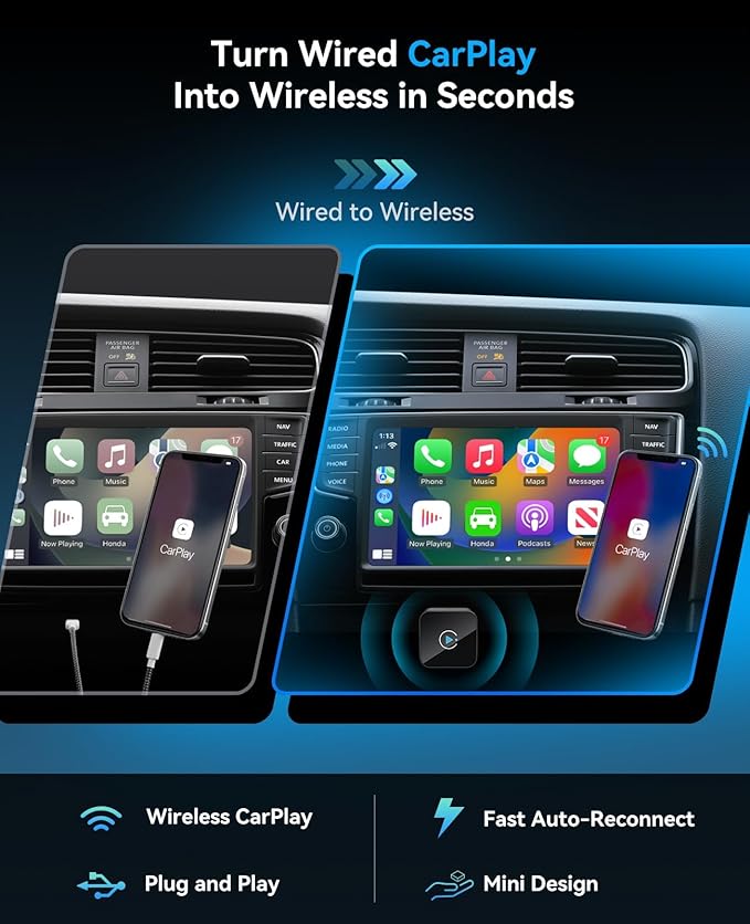 Wireless CarPlay Adapter 2 in 1 2026 Upgraded for Factory Wired CarPlay, Car Play/Android Auto, Auto-Reconnect Wired to Wireless Dongle No-Lag, Plug-and-Play, 5GHz WiFi, Bluetooth 5.3 USB-A & USB-C