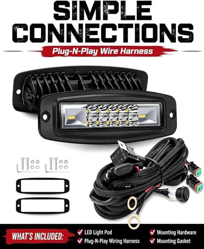 Flush Mount LED Pods Off Road Lights Work Light for 4x4 Offroad Truck SUV | 2pcs 120w Spot Beam LED Light Pods, High Intensity Visibility Ip68 Waterproof, with Wiring Harness Kit, Easy Installation