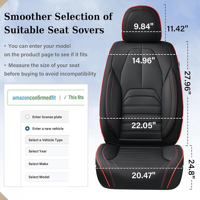 Coverado Car Seat Covers Front Seats, Automotive Seat Covers, Waterproof Nappa Leather Car Seat Cover, Car Seat Cushion, Black Redline Seat Covers Carseat Cover Universal Fit for Most Cars