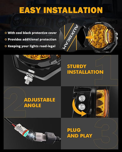 Auxbeam V-Ultra Series LED Round Light Pods, 5 Inch 172W Offroad Driving Side Shooter Light with Amber DRL, 270° Wide Range 20400LM Yellow/Amber Hyper Spot Beam Ditch Lights with Black Cover