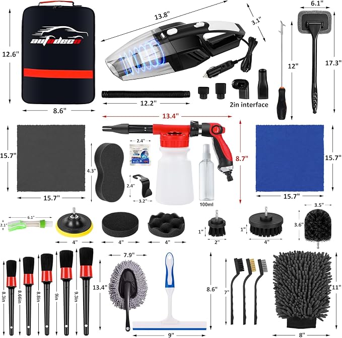 43Pcs Car Wash Detailing Kit Cleaning Kits with Foam Gun Sprayer Long Handle Mop Car Vacuum Drill Brush Large Wash Mitt Towels Complete Interior Exterior Car Washing Supply Set Blue