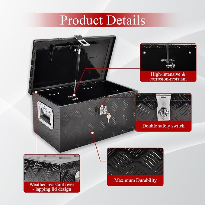 20''Inch Aluminum Truck Tool Box Truck Bed Toolbox Truck Trailer Chest Box Trailer Underbody Storage Organizer Waterproof Square Storage Organizer w/Lock & Keys Black(‎20" Lx12 Wx9.5 H)