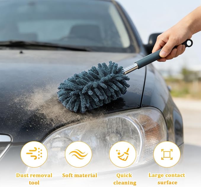 Zpana 2PCS Car Interior Duster with Extension Pole, Soft Chenille Retractable Washable Dash Detailing Cleaner, Auto Window Cleaning Brush Duster for Interior Exterior, Universal Fit (Blue)