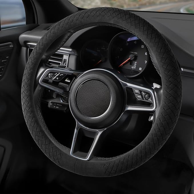 Suede Steering Wheel Cover with Upgraded Silicone Inner Ring, Breathable, Anti-Slip, Leather Universal 14.5 to 15 Inch Steering Wheel Cover (Black with Handwoven Craft)