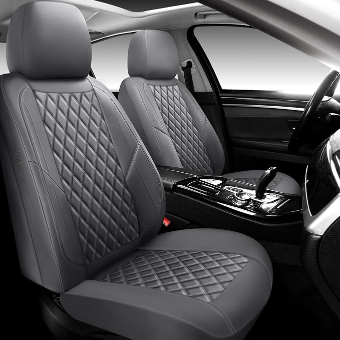 Premium Leather Car Seat Covers Front Pair,Universal Fit for Cars,Trucks&SUVs,Waterproof Car Seat Cushion,Full Coverage Car Seat Protector with 2 Seats,Grey