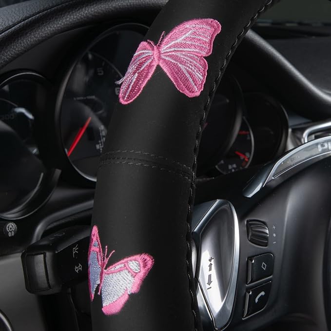 Car Pass Pink Embroidery Butterfly Steering Wheel Cover, Universal 15 Inch Car Wheel Cover for Women Girls, Fit for Suvs,Small Trucks,Sedans,Cars (Black and Pink)