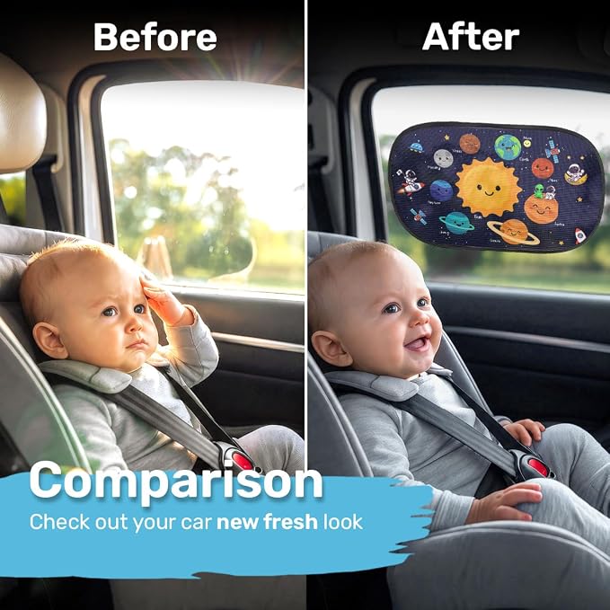GENANY 2pcs Space Planet Window Sun Shade for Sedan SUV Truck (21x14 Inches), Galaxy Sun Shades for Side Window, Astronaut Baby Window Shades, Summer Car Decor