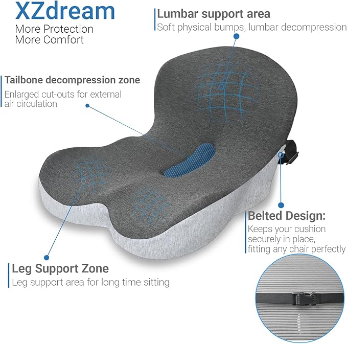 Memory Foam Seat Cushion,Office Chair Cushion with Lumbar Support for Back Pressure Relief, Car Seat Cushion with Adjustable Strap,Sciatica Pad Cushions for Car,Truck, Desk (Black+Grey)