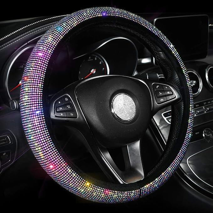 Car Sparkly Steering Wheel Cover Bedazzled for Women Girls, Large Size 15 1/2''-16'' inch Colorful Bling Anti-Slip Wheel Protector, Black
