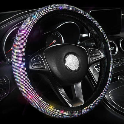 Car Sparkly Steering Wheel Cover Bedazzled for Women Girls, Large Size 15 1/2''-16'' inch Colorful Bling Anti-Slip Wheel Protector, Black