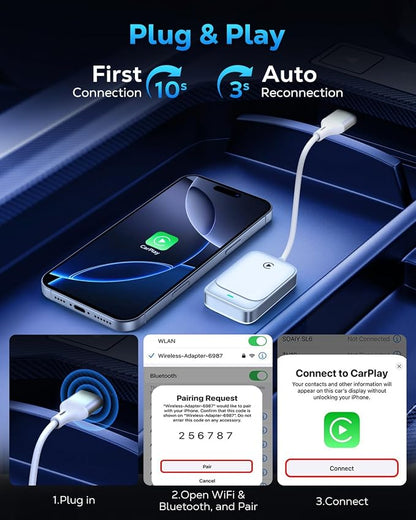 MoKo Wireless CarPlay Adapter for iPhone 2025, Converts Wired Car Play to Wireless Dongle, Plug and Play Fast Response Bluetooth CarPlay Adaptor for iPhone iOS 10+ & Cars with Built-in Car Play, White
