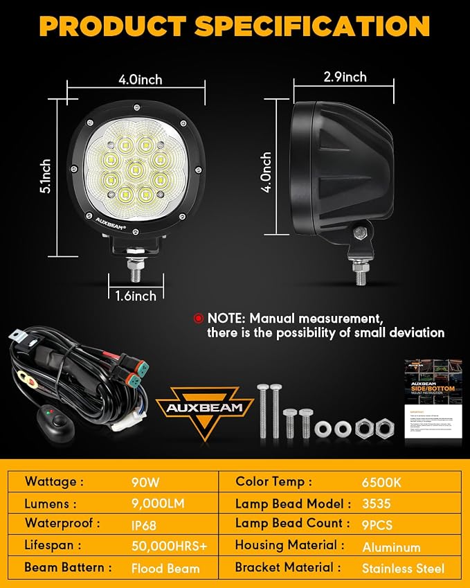 Auxbeam 4 Inch Round LED Light Pods, 90W Offroad Flood White Light Bar, Super Bright 9000LM Driving Work Light with DT Plug Wiring Harness Kit for Truck Boat Pickup ATV UTV SUV-2PCS