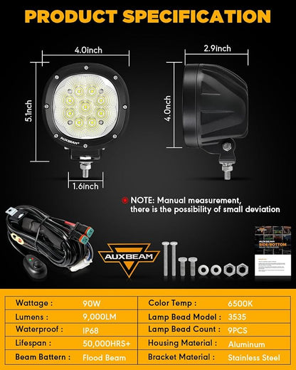 Auxbeam 4 Inch Round LED Light Pods, 90W Offroad Flood White Light Bar, Super Bright 9000LM Driving Work Light with DT Plug Wiring Harness Kit for Truck Boat Pickup ATV UTV SUV-2PCS