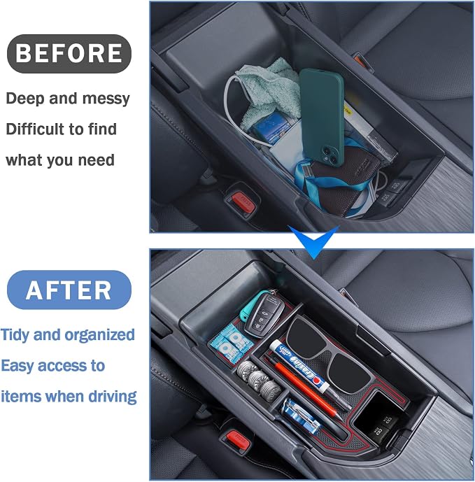 TOPINSTALL Red Center Console Organizer Compatible with 2018-2023 2024 Toyota Camry XLE XSE and 2020-2024 Camry LE SE with Dual USB Ports, Interior Accessories Armrest Tray Insert (Not for 2025)