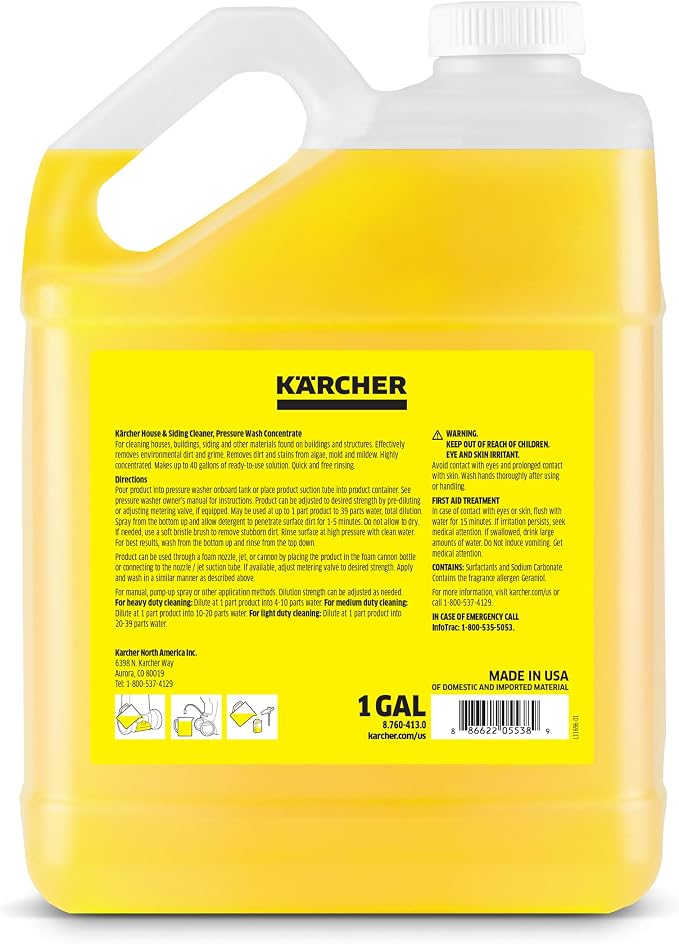 Kärcher House & Siding Cleaner, Removes Dirt, and Grime, Highly Concentrated, Makes up to 40 gal of Cleaner, Readily Biodegradable, For Pressure Washers