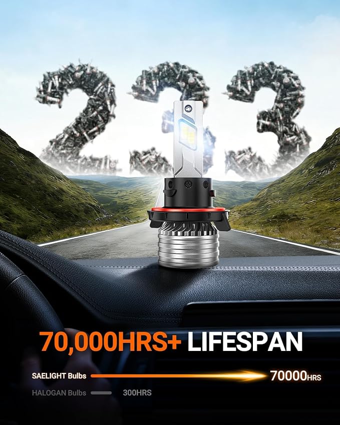 SEALIGHT H13 Bulbs, 90,000LM 14X Brightness, 9008 H13 6500K White, IP68 Waterproof 70000Hrs Lifespan, 5X Heat Dissipation driving, Plug and Play, 2 Pack