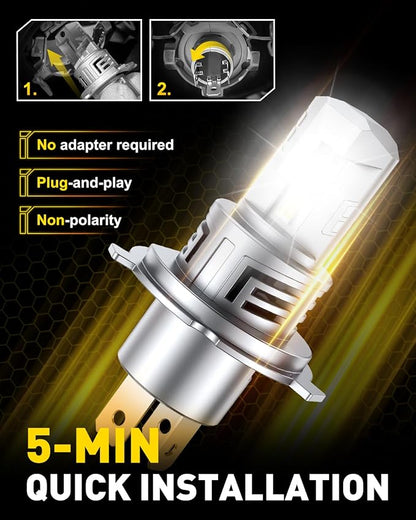AUXITO H4 Light Bulbs, 1500% Super Brighterness 1:1 Mini Size with Cooling Fan, Truly Plug And Play, All-in-One, Pack of 2