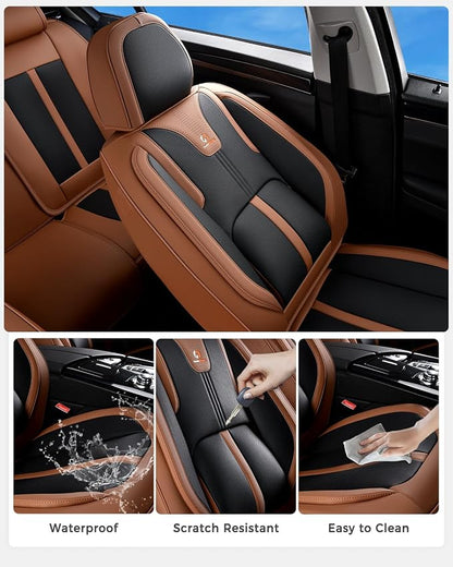 Huidasource Front Seat Covers Luxury Nappa Leather, Driver Seat Cover with Airbag, Front Storage Pocket, Lumbar Support, Cooling＆Heating, Seat Cover Universal Fit for Most Cars SUV Trucks, Brown&Black