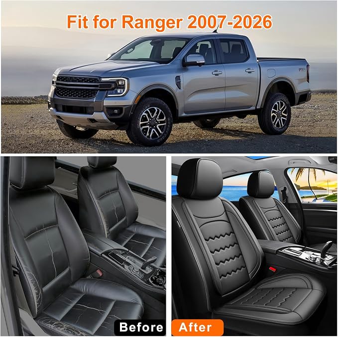 Ranger Car Seat Covers Custom Fit for Ford Ranger 2019-2025 2026, Full Coverage Leather Waterproof Breathable Seat Covers Full Set, Automotive Seat Protectors, Airbag Compatible(5 Seats, Black)
