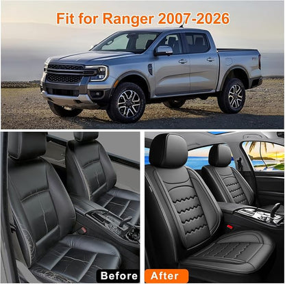 Ranger Car Seat Covers Custom Fit for Ford Ranger 2019-2025 2026, Full Coverage Leather Waterproof Breathable Seat Covers Full Set, Automotive Seat Protectors, Airbag Compatible(5 Seats, Black)