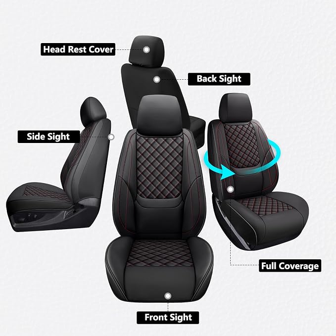 Ram Seat Covers 2019-2026 Front Pair, Truck Interior Sets with Lumbar Support Custom Fit for Dodge Ram 1500/2500/3500 Crew/Quad/Mega Cab Bighorn Longhorn Laramie Tradesman Rebel, Black Red