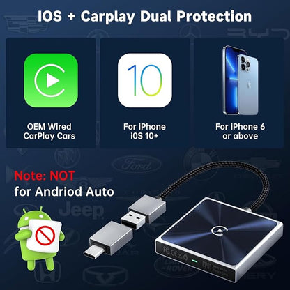 Wireless CarPlay Adapter for iPhone, Converts Wired to Wireless Apple CarPlay Adapter, Includes USB-A to USB-C Dongle, Easy Use, Stable Control, No Delay, Compatible with Cars from 2016 & iOS 10+