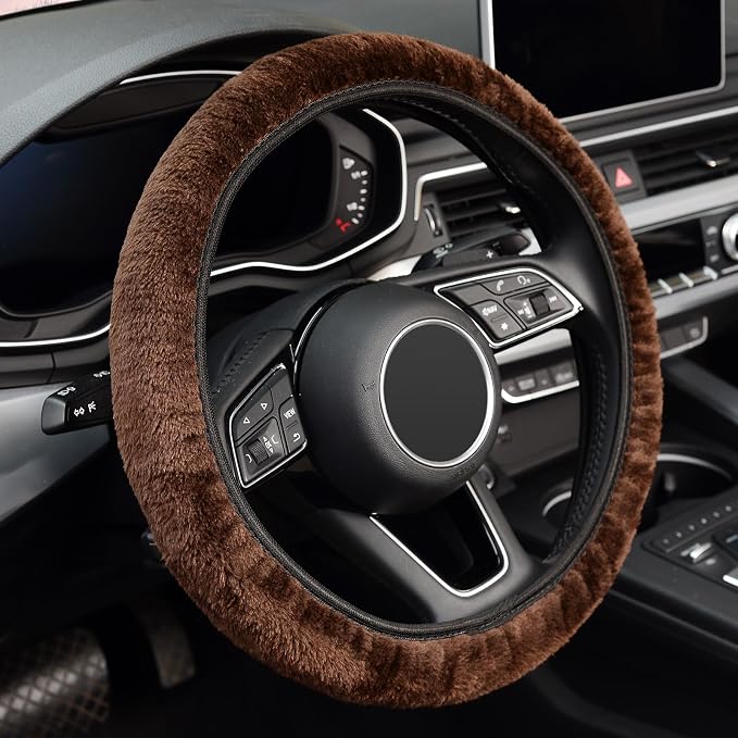 KAFEEK Elastic Long Microfiber Plush Steering Wheel Cover for Winter Warm, Universal 15 inch, Anti-Slip, Odorless, Brown